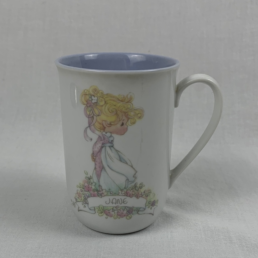 Precious Moments Vintage Jane White and Blue Mug